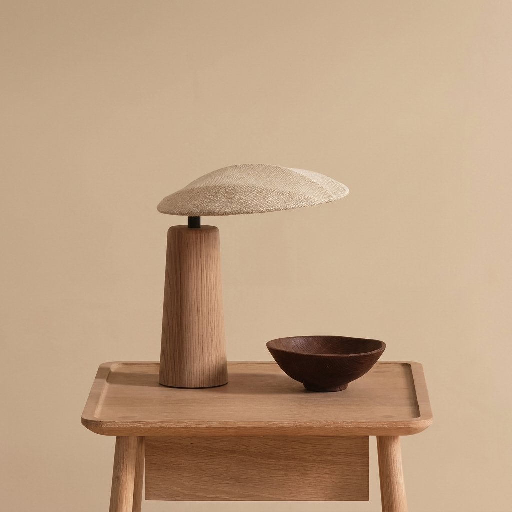 Oval Wabi-Sabi Table Lamp with Solid Wood Base and Fabric Shade — Warm