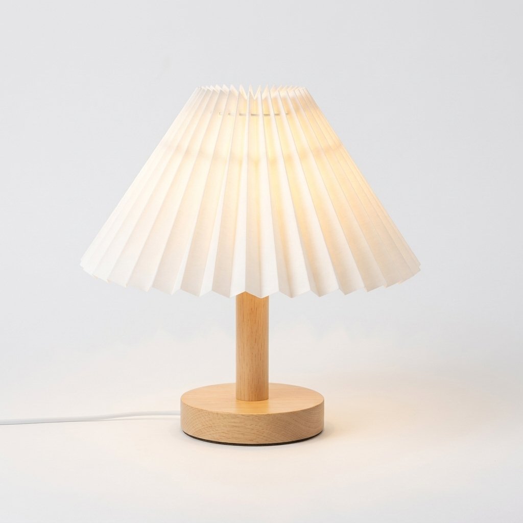 Pleated Fabric Table Lamp with Wijzig de titel naar: "Pleated Fabric Table Lamp with Wood-Effect Base – Nordic Japandi Style" – Nordic Japandi Style — White