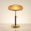 Pleated Saucer Table Lamp with Frosted Glass Shade and Walnut Stem — Warm