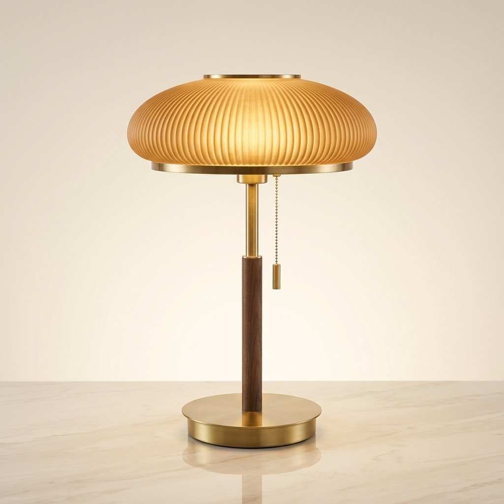 Pleated Saucer Table Lamp with Frosted Glass Shade and Walnut Stem — Warm