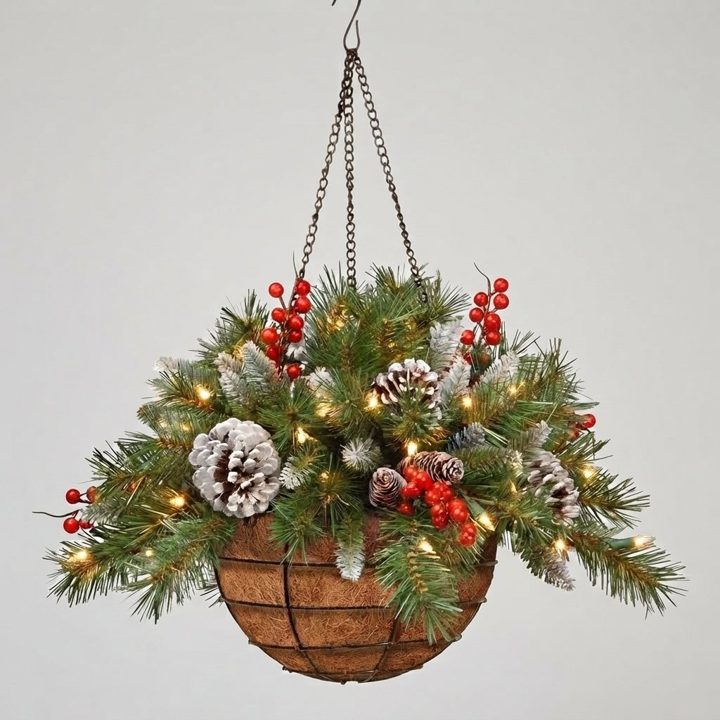 Pre-lit Christmas Hanging Basket — 15cm