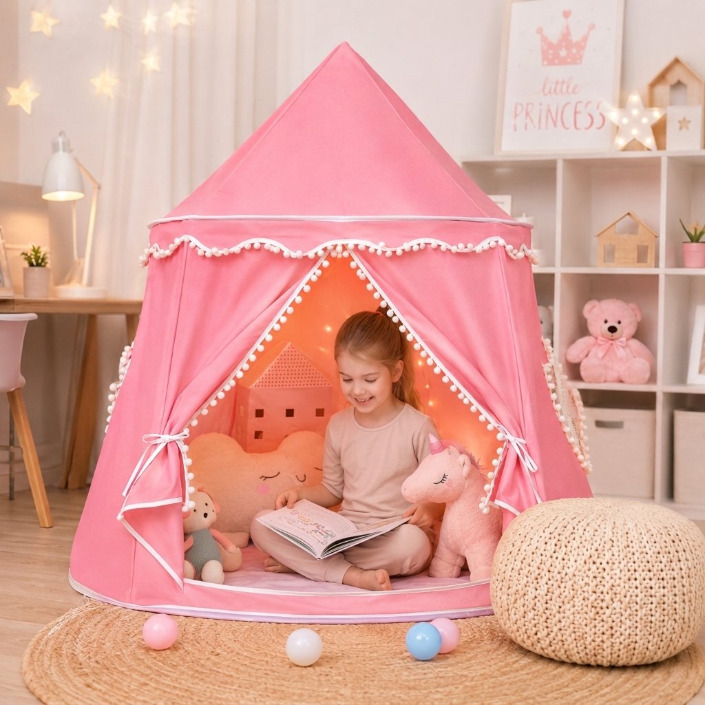 Princess Castle Play Tent with Pom-Pom Trim — Pink