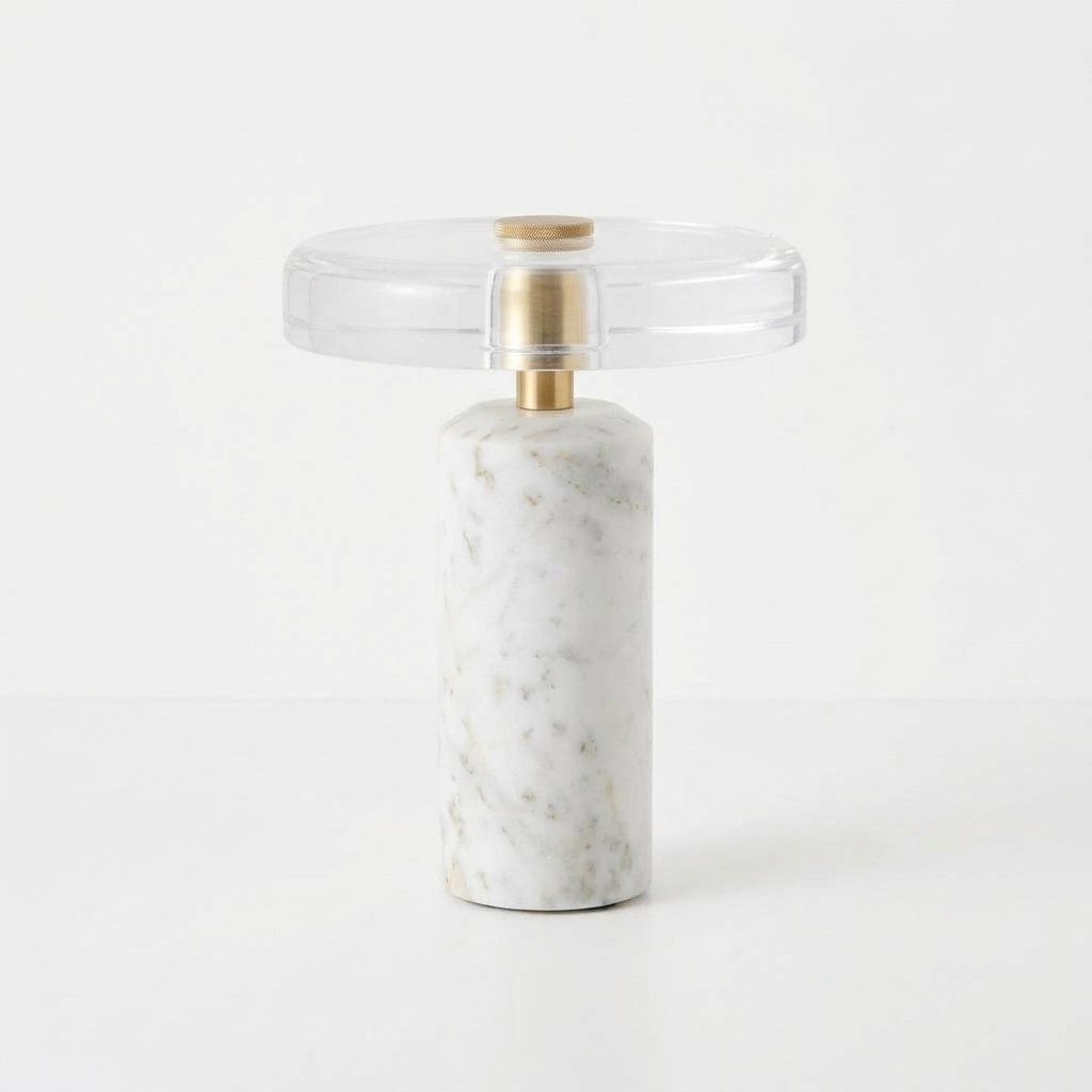 Rechargeable marble table lamp with frosted glass shade and brass detail — White