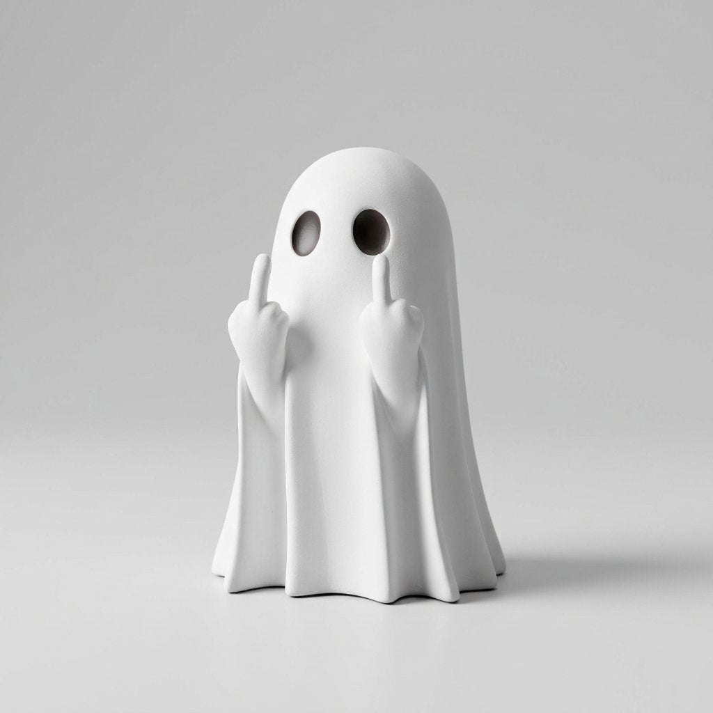 Resin Ghost Figurine with Cheeky Gesture, Halloween Décor — White
