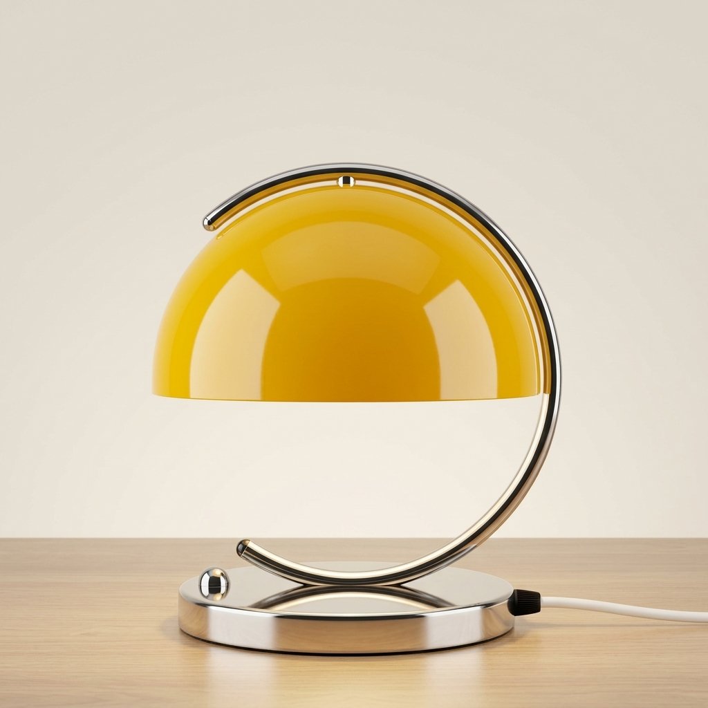 Retro Dome Table Lamp with C-Curve Chrome Base – Space Age Style — Yellow