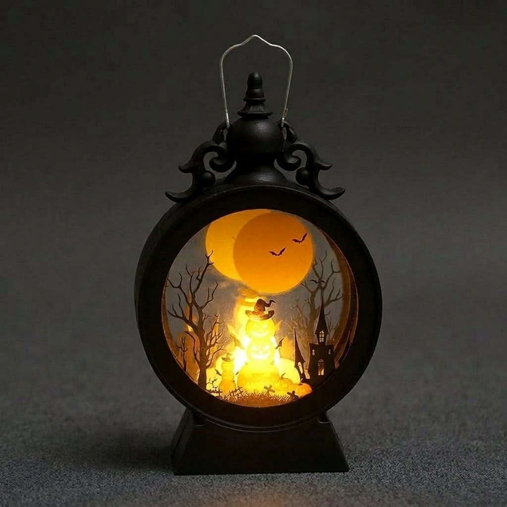 Retro Halloween Lantern with Warm LED Glow and Cut-Out Scene — Pumpkin