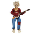 Sitting Banjo-Playing Skeleton Halloween Decoration with LED Glowing Eyes and Interactive Movement — Red