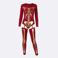 Skeleton Print Long-Sleeve Bodysuit with Thigh-High Leggings – Halloween Costume — Red