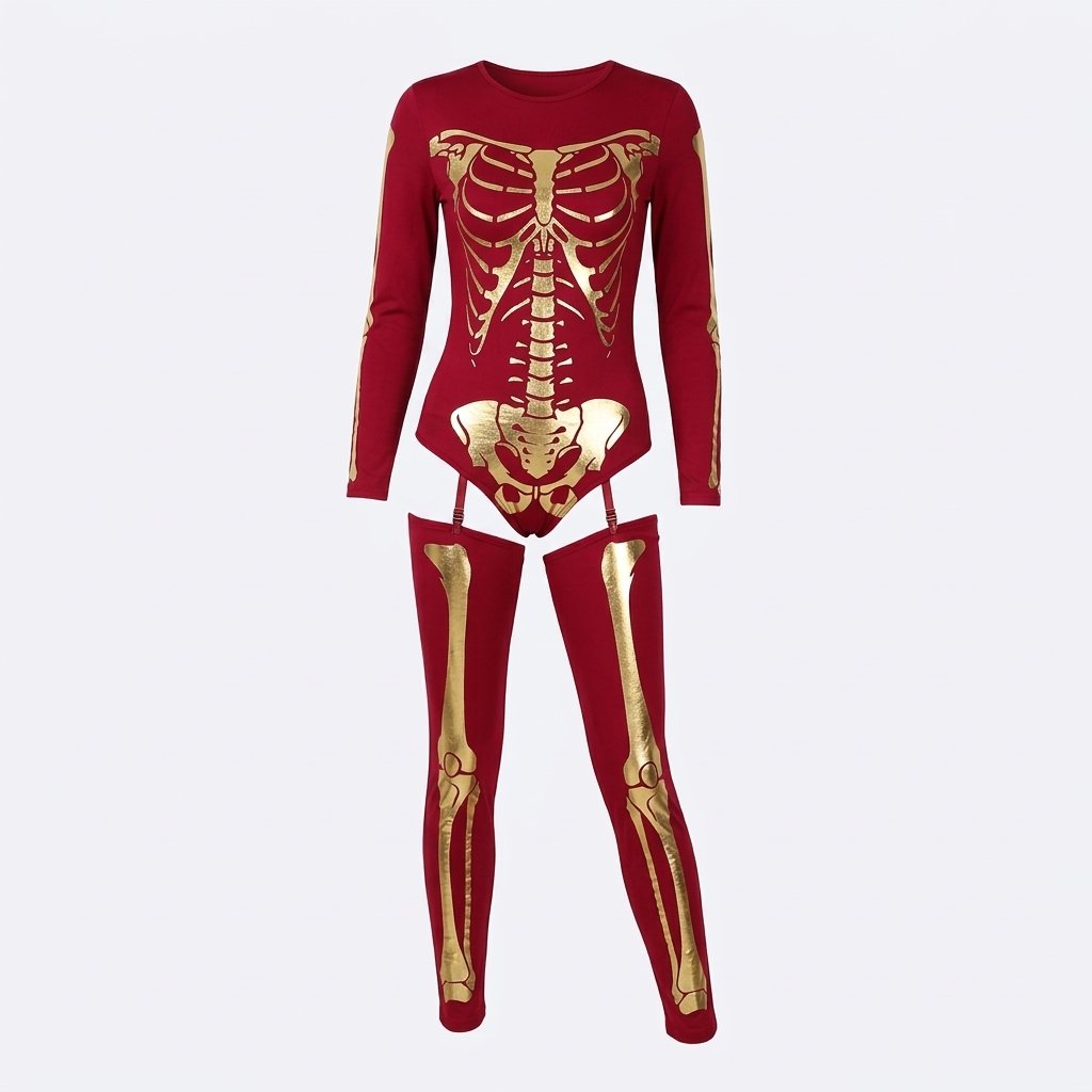 Skeleton Print Long-Sleeve Bodysuit with Thigh-High Leggings – Halloween Costume — Red
