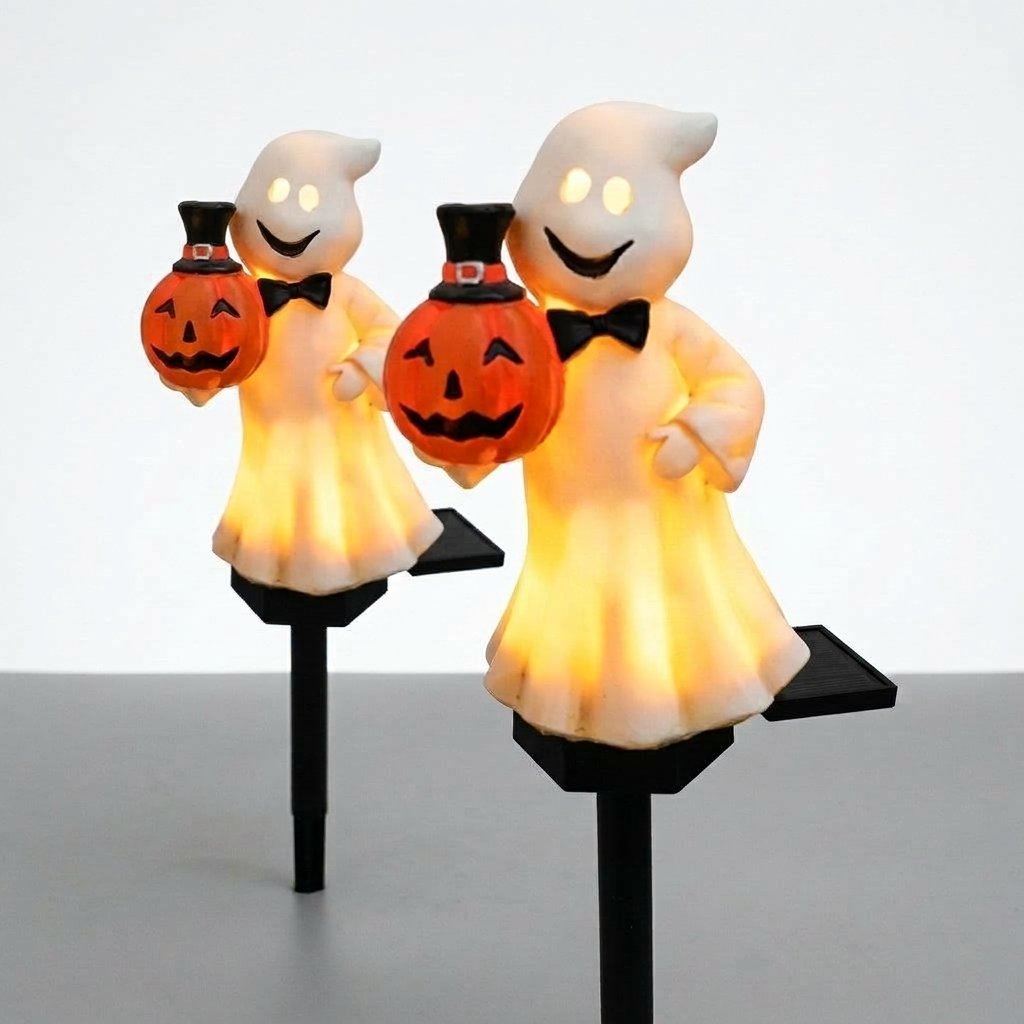 Solar-Powered Halloween Ghost Garden Stake Light with Pumpkin Figurine — Pumpkin