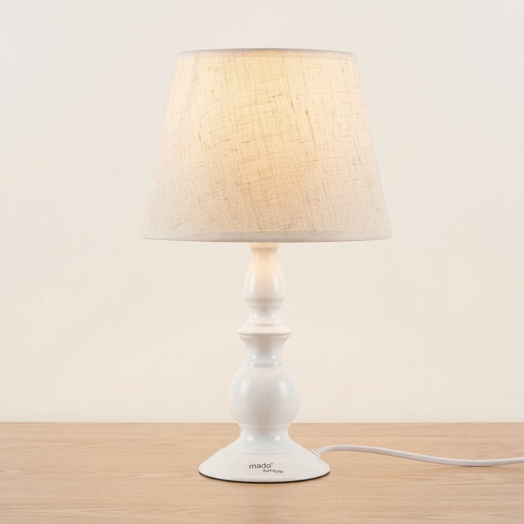 Spindle Base Table Lamp with Fabric Shade — White