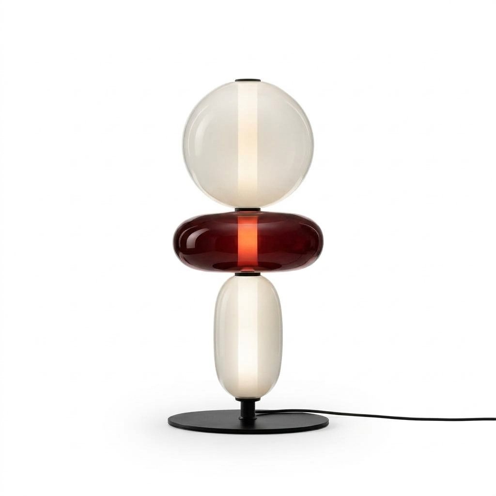 Stacked Glass Totem Table Lamp with Hand-Blown Pebble Shades — Red