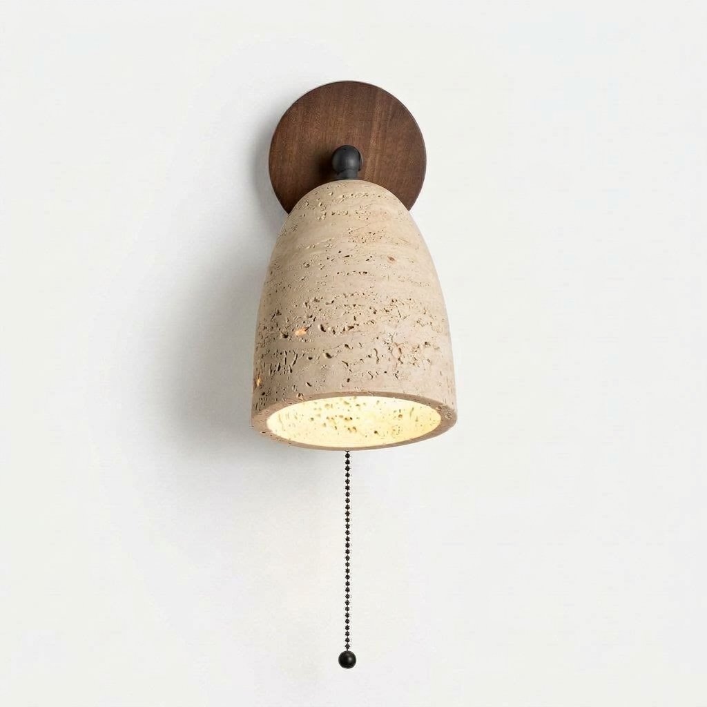 Travertine Stone and Walnut Wood Wall Light with Pull-Chain Switch — Travertine