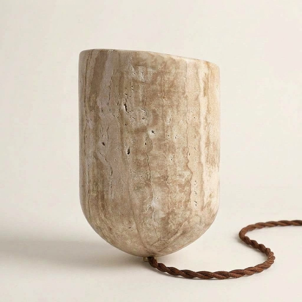 Travertine Stone Tilted Table Lamp with Twisted Cord – Wabi-Sabi Style — Default