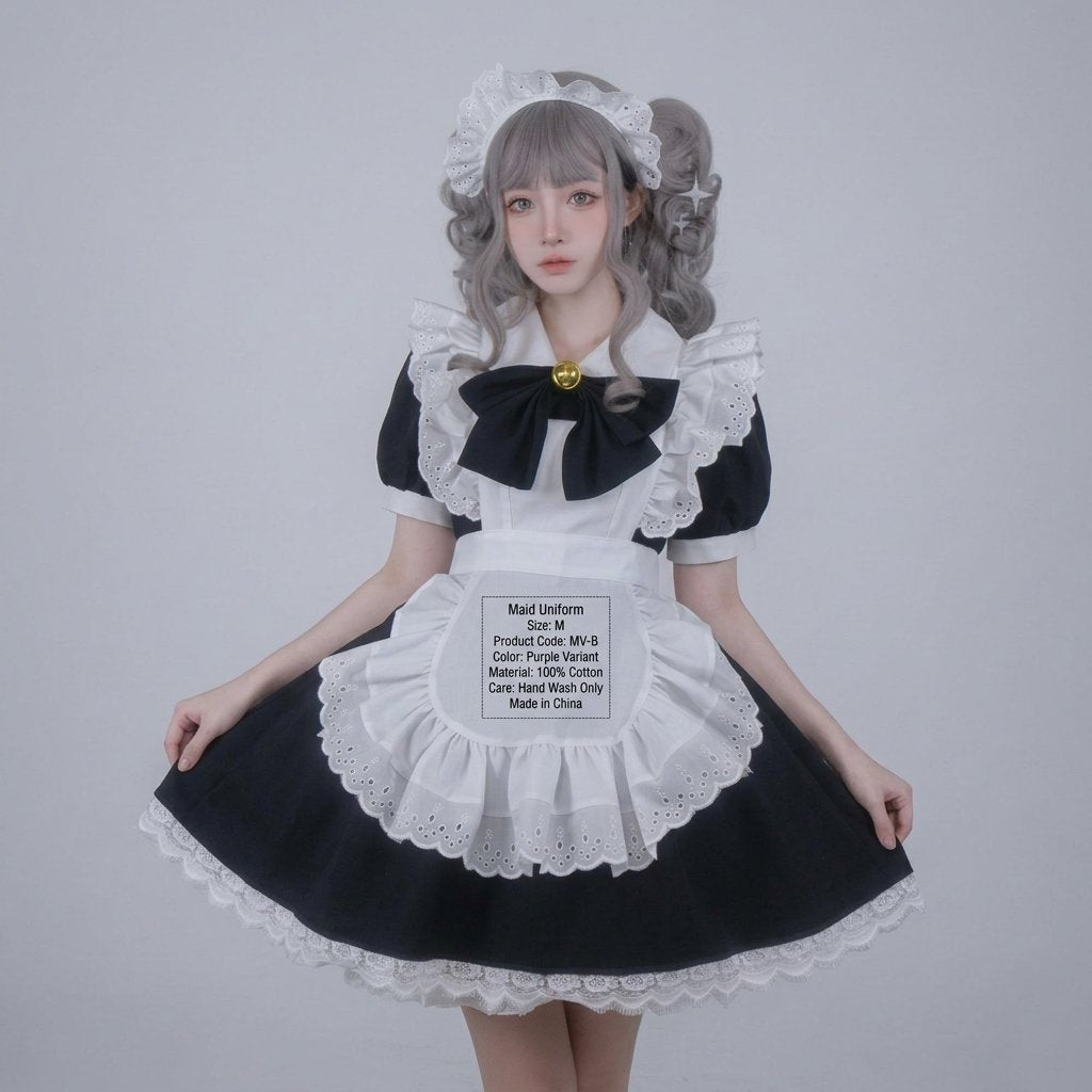 Women's French Maid Costume Dress with Apron, Puff Sleeves and Lace Trim — Sizes 6 to 28 — Purple