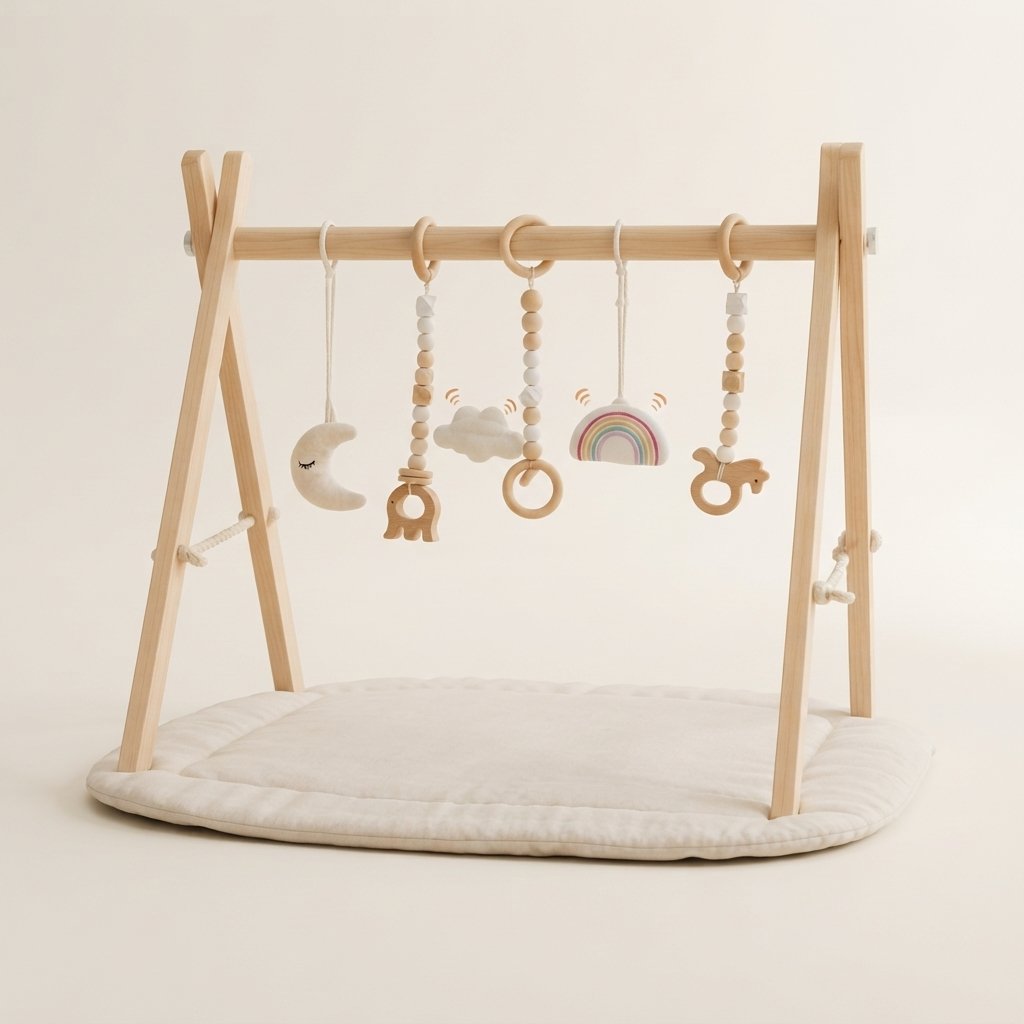 Wooden Baby Play Gym with Hanging Toys — Natural Wood