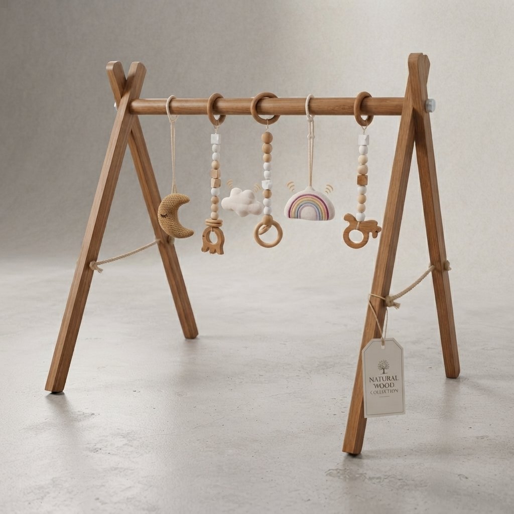 Wooden Baby Play Gym with Sensory Toys — Natural Wood
