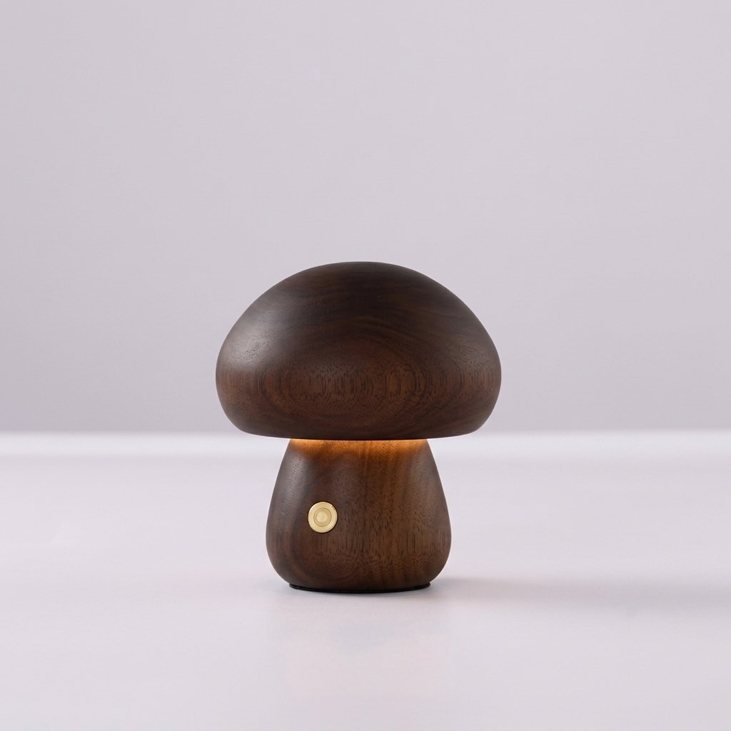Wooden Mushroom Cordless LED Table Lamp with Warm Amber Glow — Walnut
