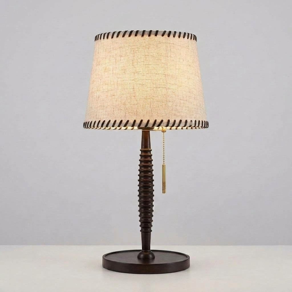 Woven Linen Shade Table Lamp with Turned Wood Base — Default