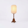 Zen Lantern Table Lamp with Hand-Knitted Fabric Shade and Carved Wooden Base — White