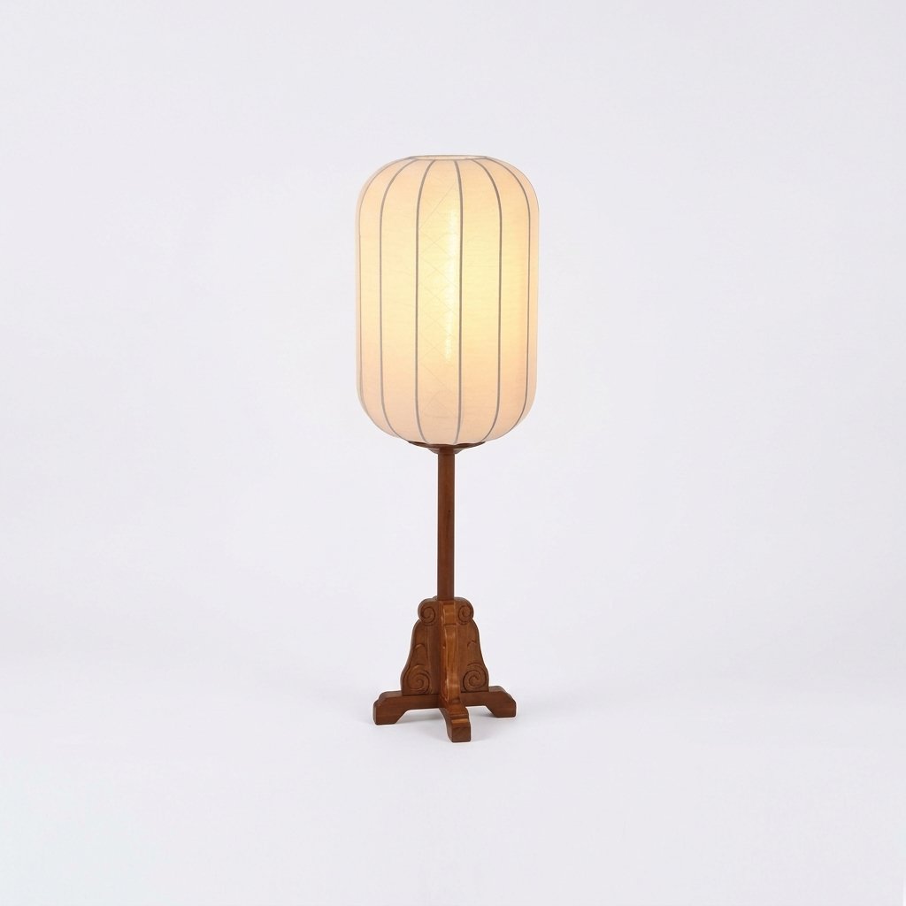 Zen Lantern Table Lamp with Hand-Knitted Fabric Shade and Carved Wooden Base — White
