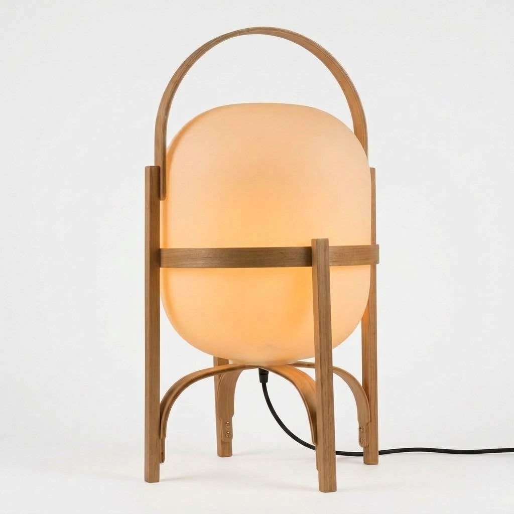 Arcoven Veya Lantern Table Lamp with Opal Glass Globe and Arched Wooden Frame — Log Wood