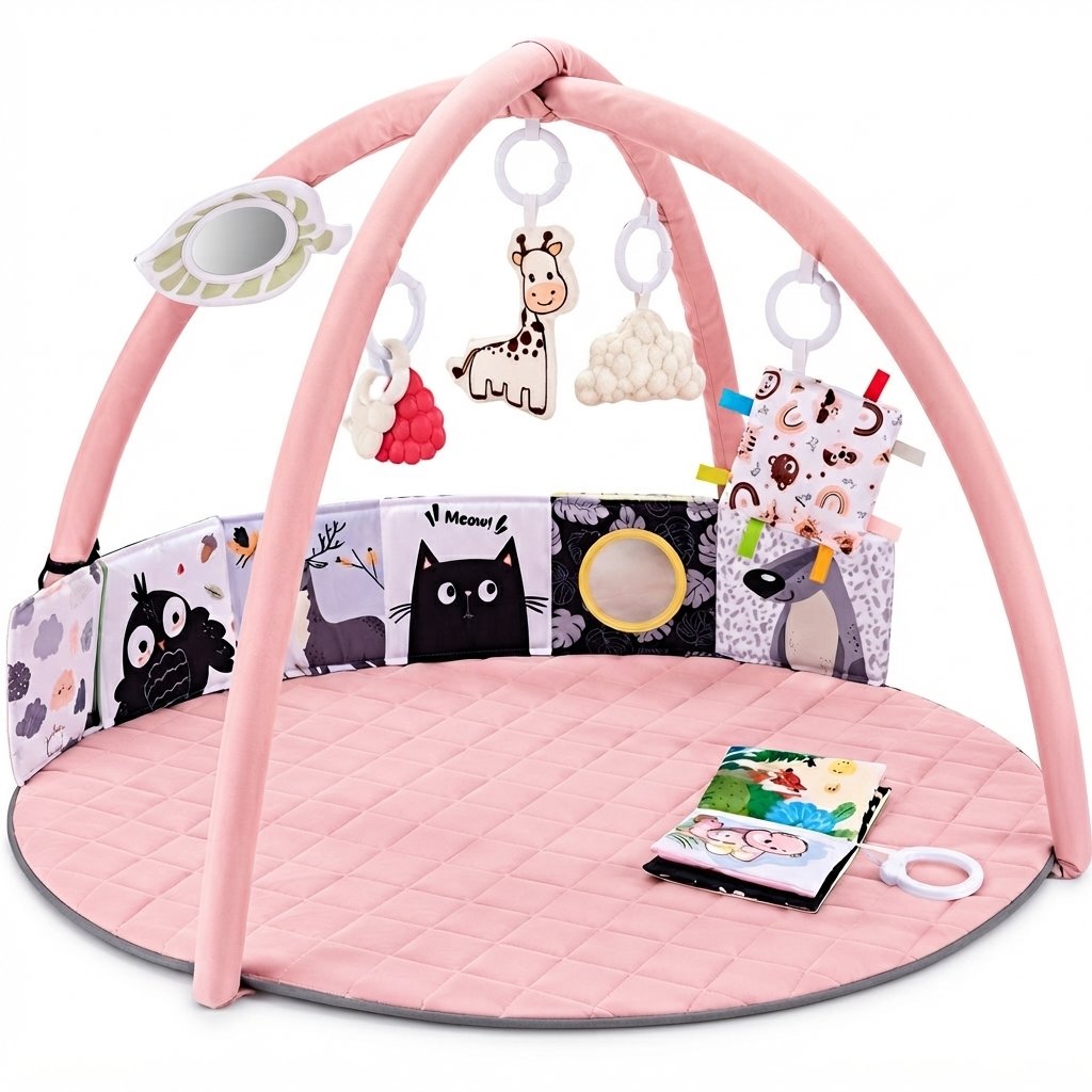 Baby Play Gym Mat with Six Sensory Toys — Pink