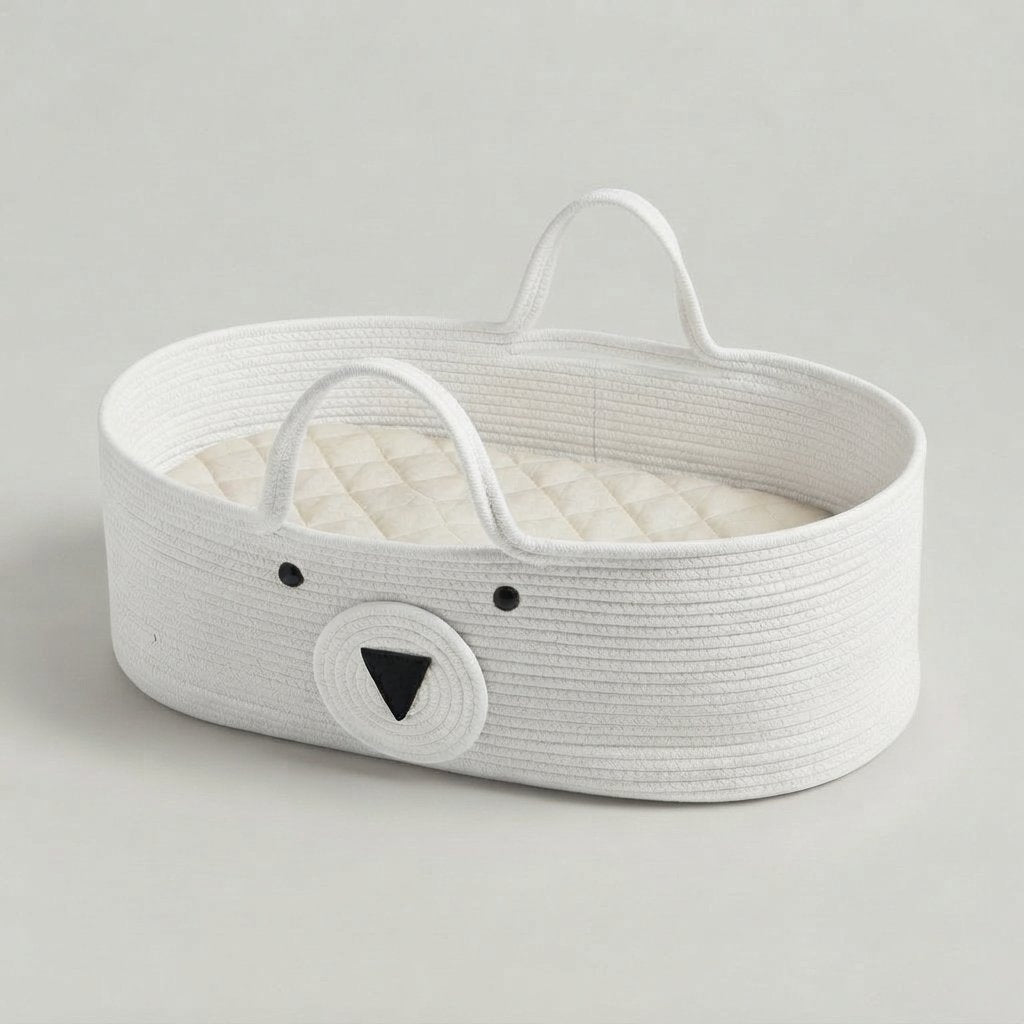 Bear Cotton Rope Moses Basket — White