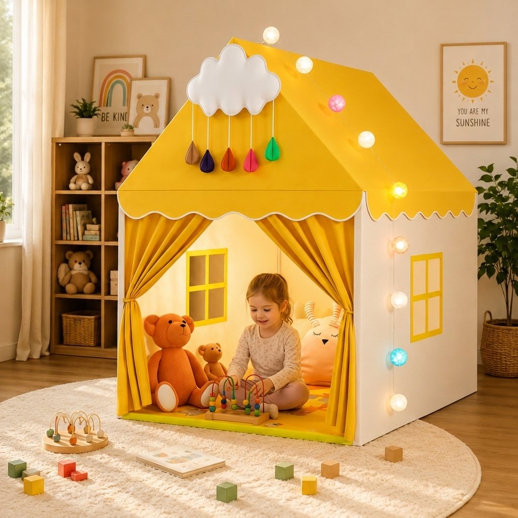 Children's Play House Tent with Lights & Mat — Yellow
