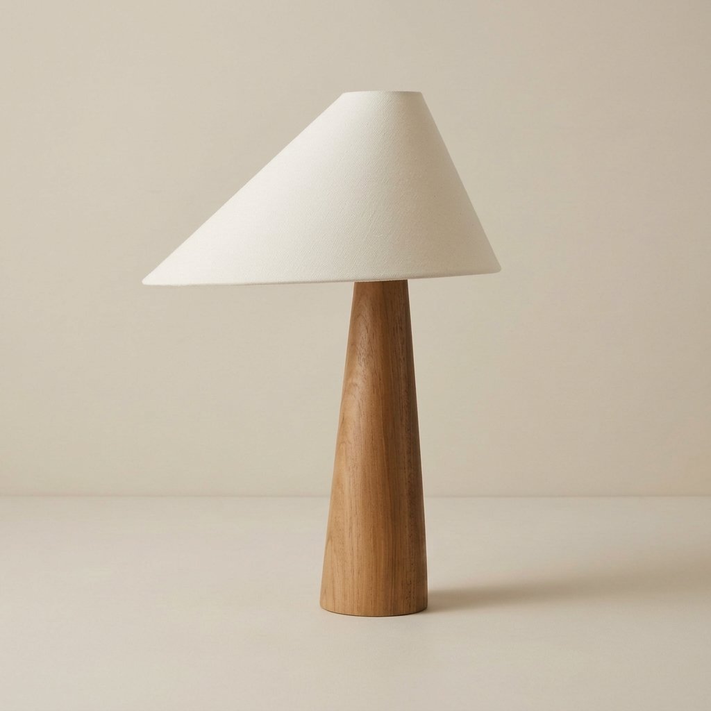 Conical Oak Wood Table Lamp with Fabric Shade – Wabi Sabi Style — Cold