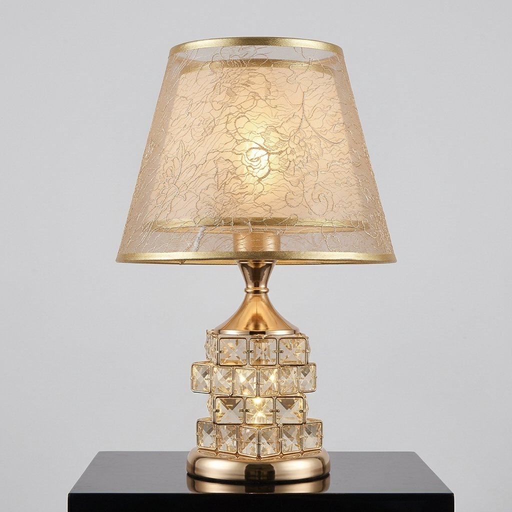 Crystal Block Table Lamp with Floral Fabric Shade — Gold