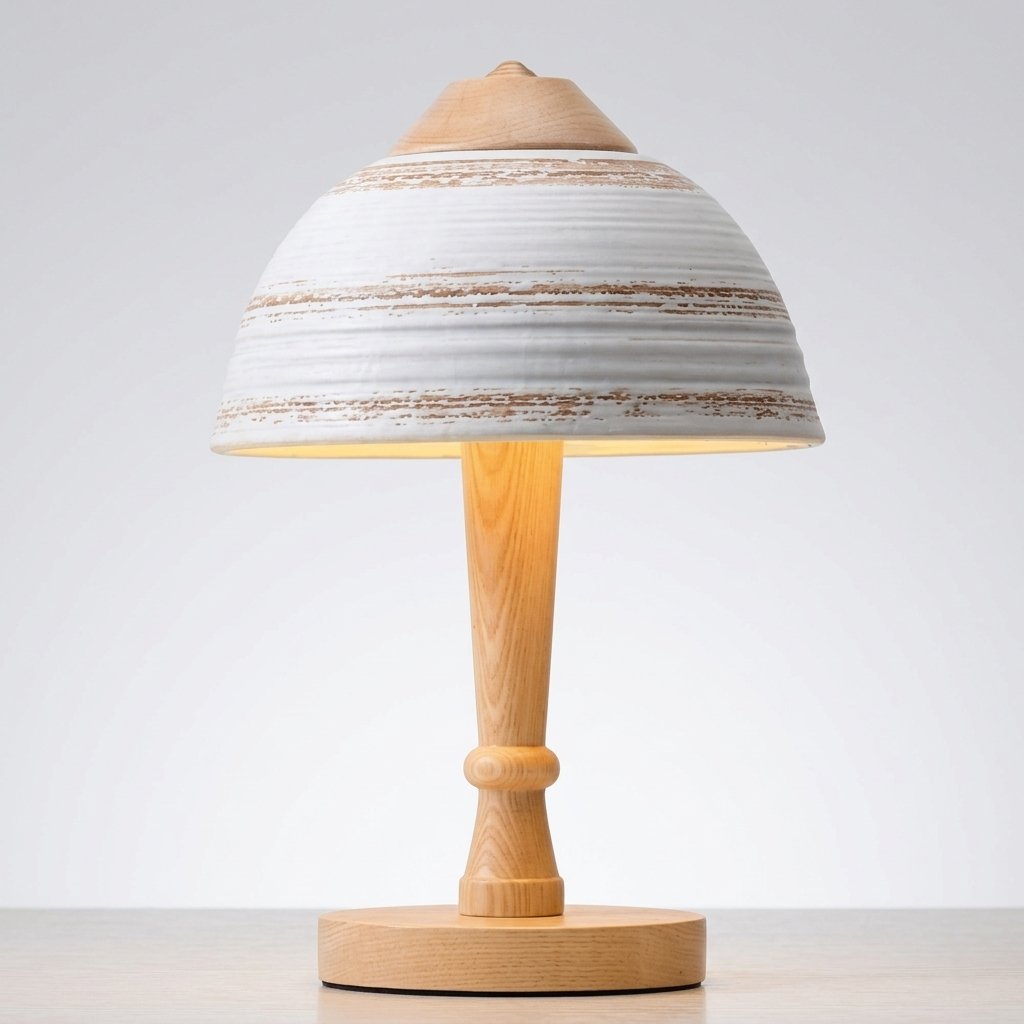 Dome Ceramic and Solid Wood Table Lamp with Ribbed Shade — Log Wood