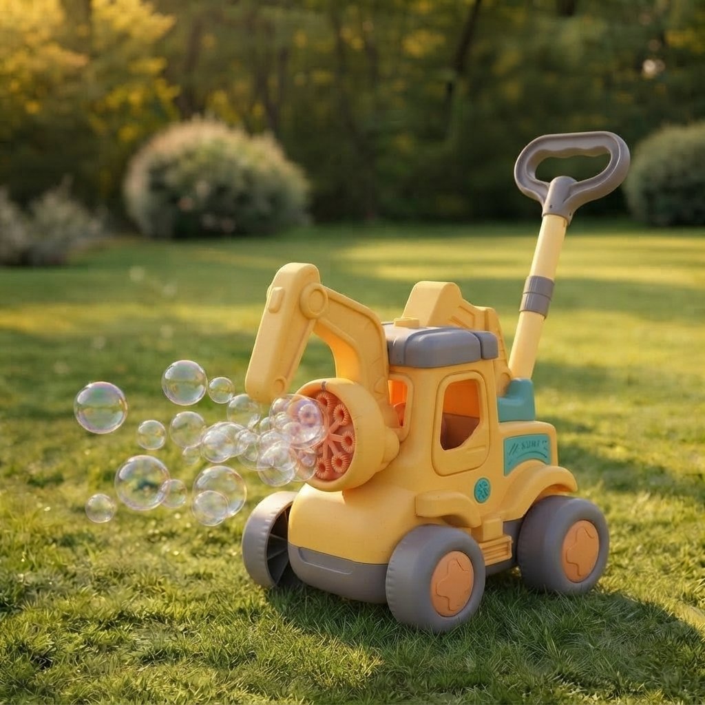 Electric Bubble Push Toy with LED Lights — Little Bear Excavator Bubble Cart - Yellow