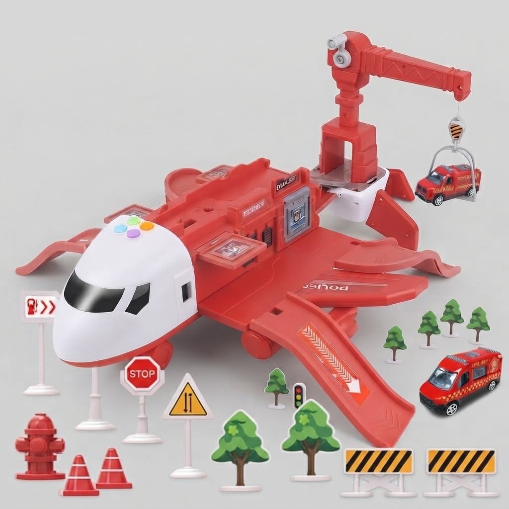 Fold-Out Airplane Playset with Vehicles — Red
