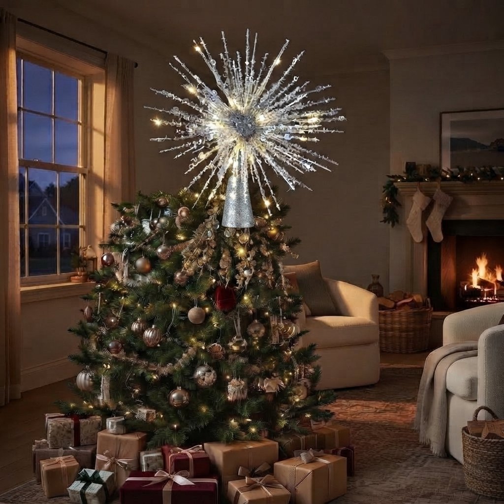 Glitter Starburst LED Tree Topper — Silver