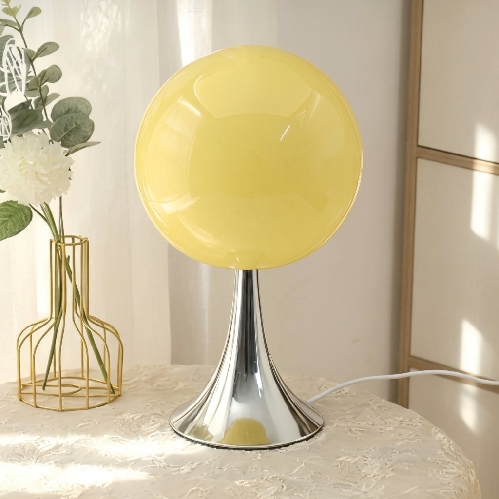 Globe Trumpet Table Lamp with Chrome Base and Glass Shade — Cream