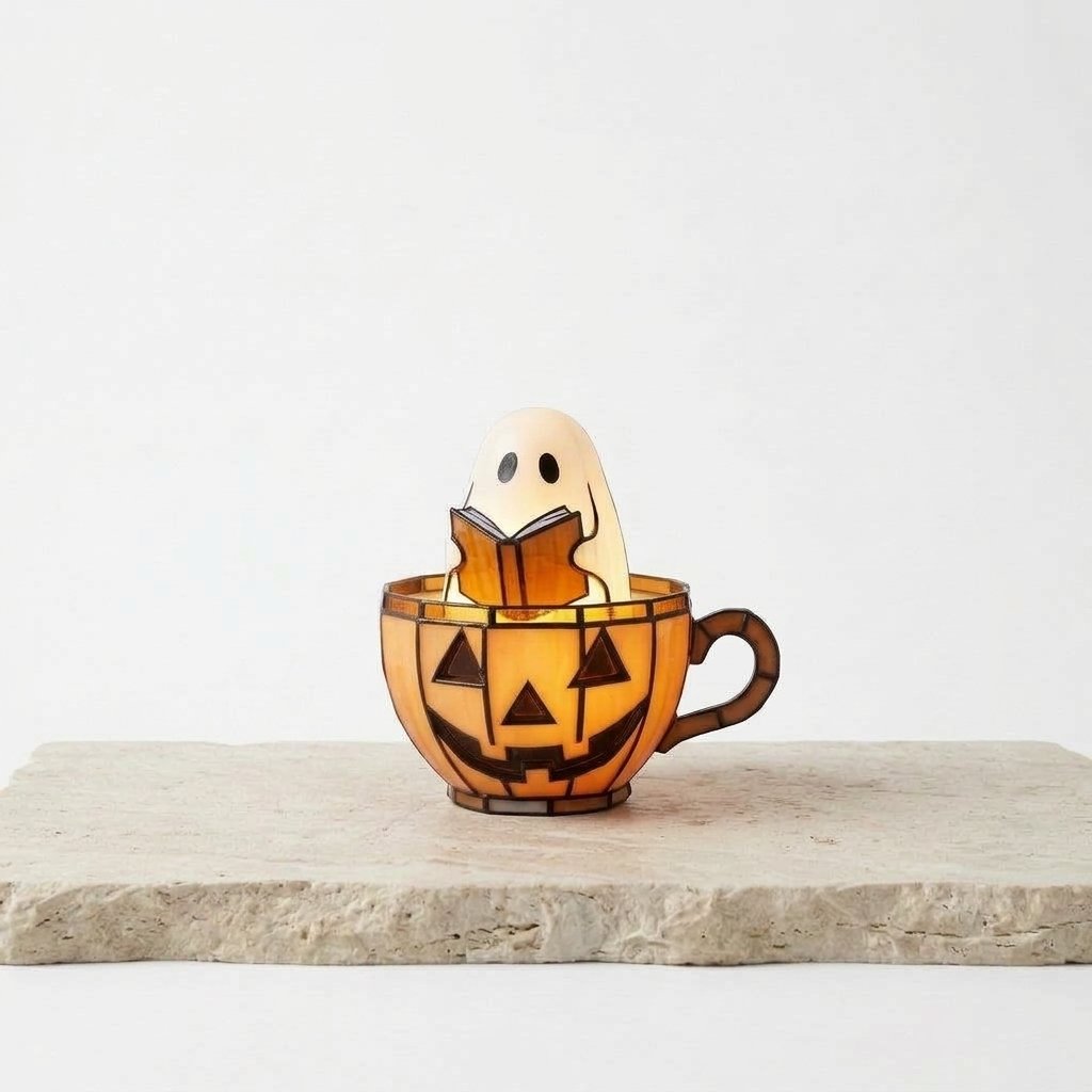 Halloween Ghost Reading Figurine Light with Stained-Glass-Style Glow – Battery-Operated Indoor Decoration — Mug Ghost