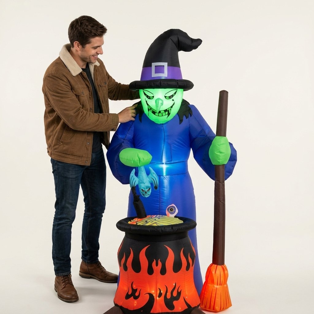Halloween Inflatable Witch Decoration with Built-In LED Lighting for Outdoor Yard Display — Tall Ghost Witch