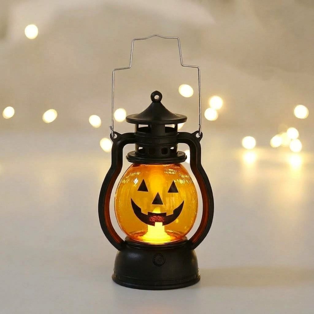 Halloween Pumpkin Lantern with LED Candle Flicker, Battery-Operated Vintage-Style Decoration — Pumpkin B