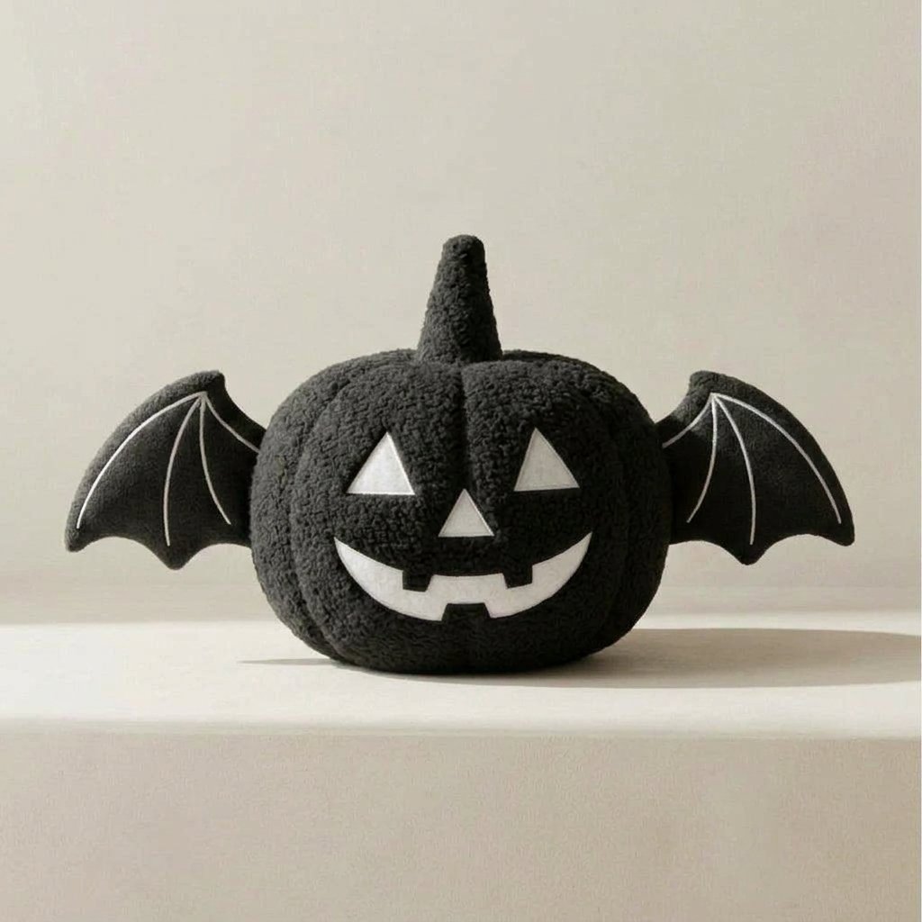 Halloween Pumpkin Plush Cushion with Bat Wings – Jack-o'-Lantern Design — Black