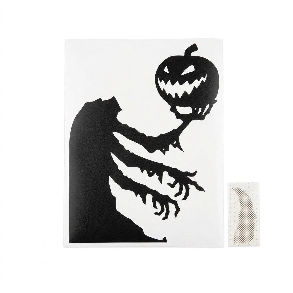 Halloween Window and Door Decal – Large Spooky Silhouette with Red Eyes, 19.25 x 25.98 inch, Reusable Non-Woven Fabric — Skeleton with Pumpkin