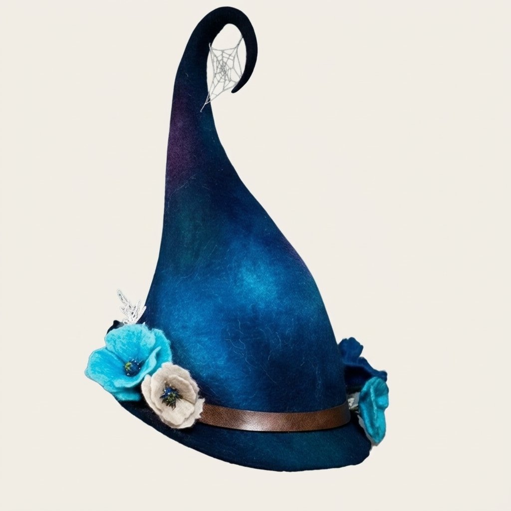 Handmade Felted Wool Witch Hat with Spiderweb Embroidery and Floral Accents — Rose Purple