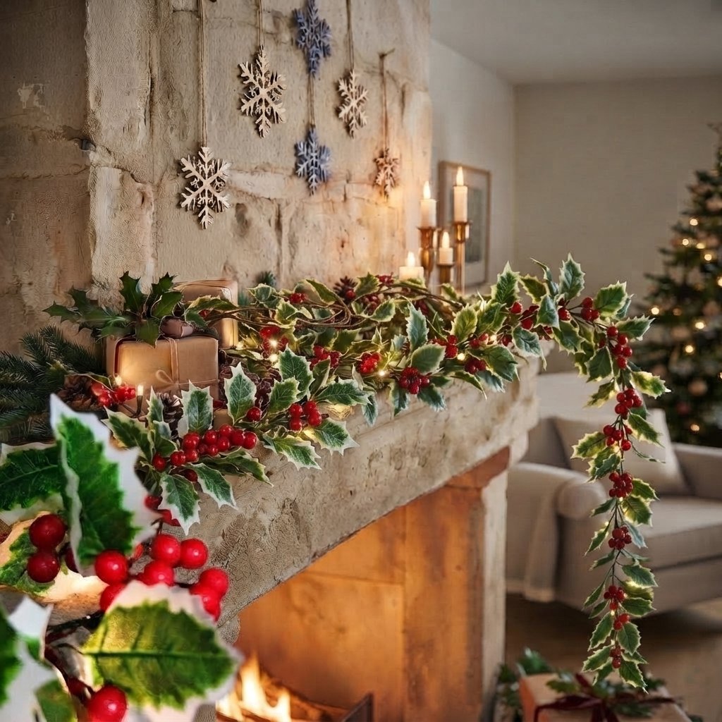 Holly Berry LED Garland with Warm Lights — 2 Sets (4M)