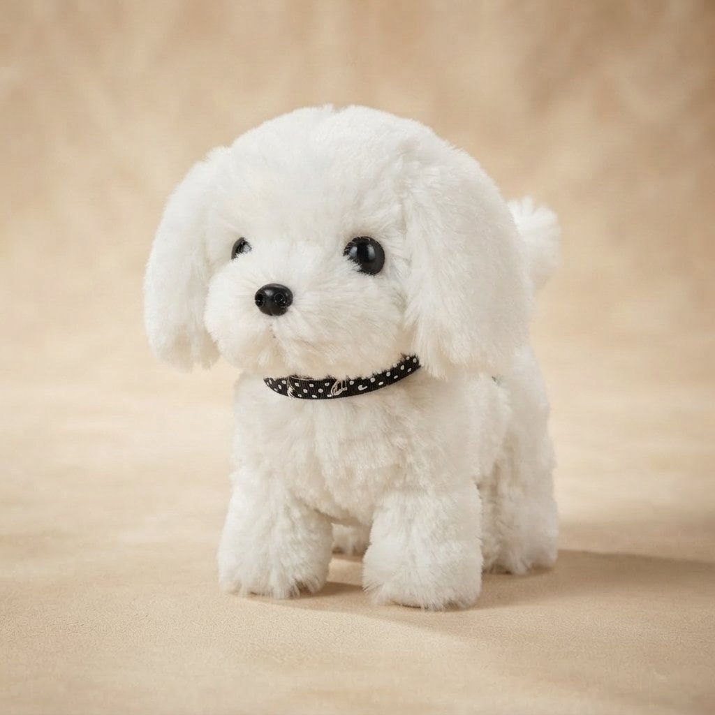 Interactive Plush Puppy with Polka-Dot Collar — White