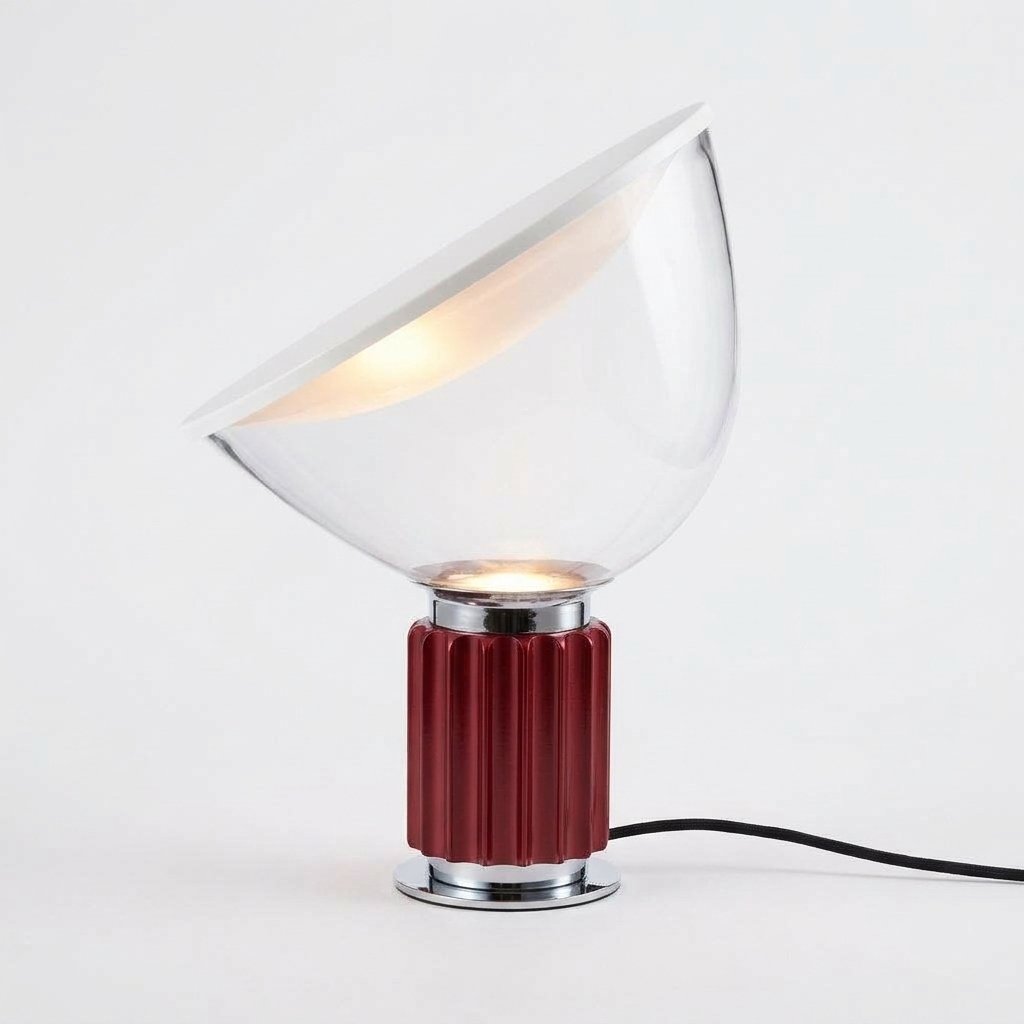 Italian-Style Table Lamp with Fluted Metal Base and Glass Shade — Red