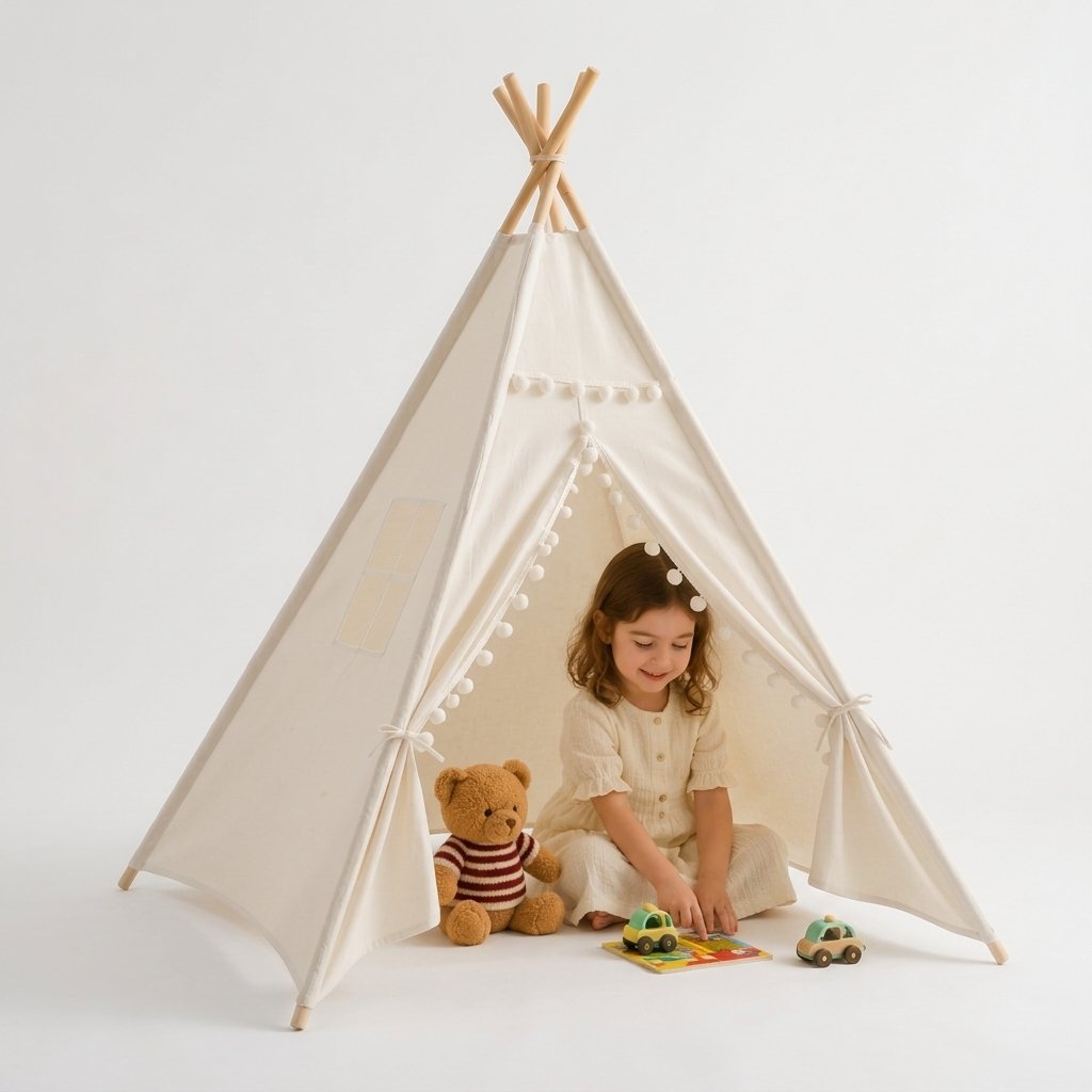 Kids Cotton Teepee Tent with Pom-Pom Trim — 1.35m Without Mat