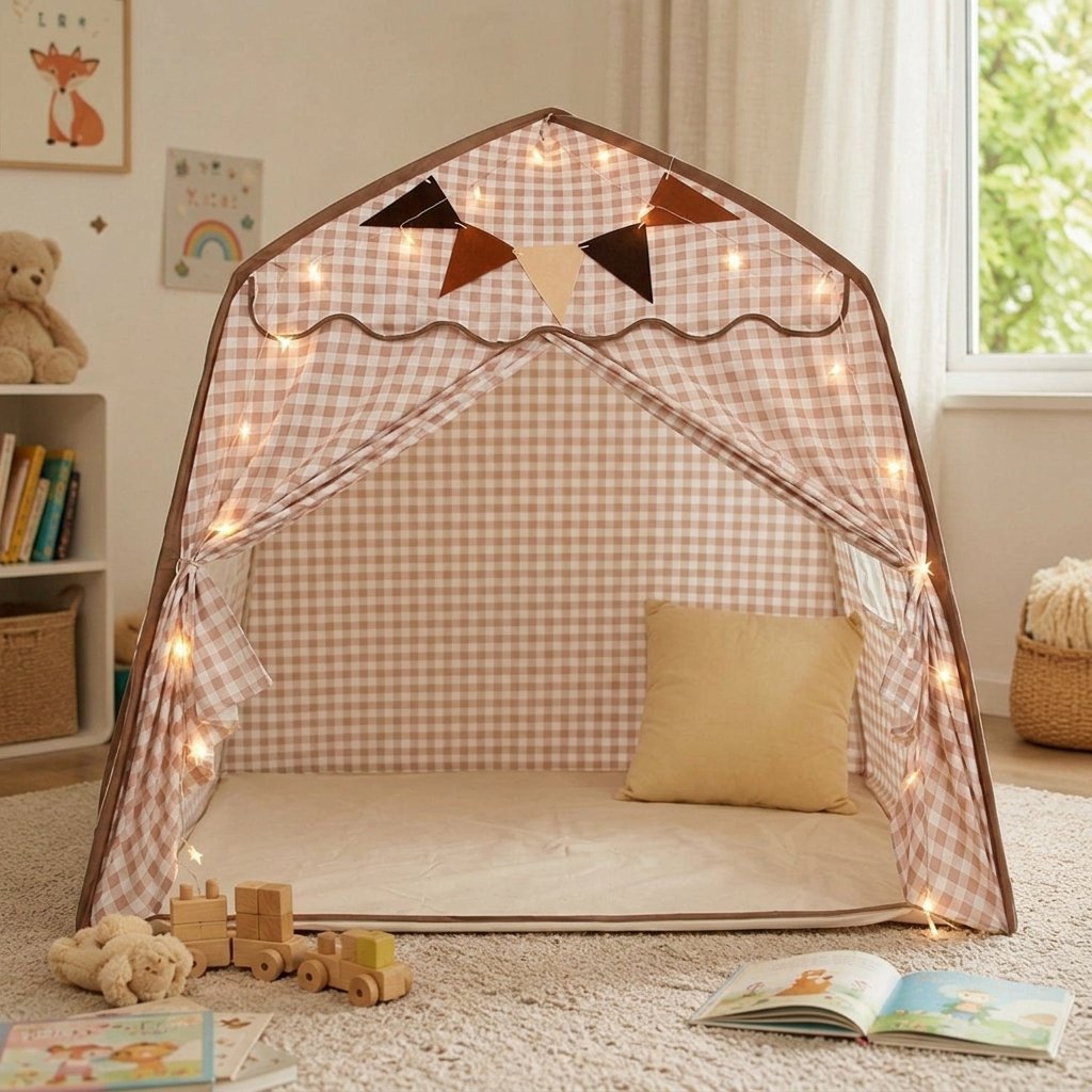 Kids House Play Tent with Canopy — Beige Gingham