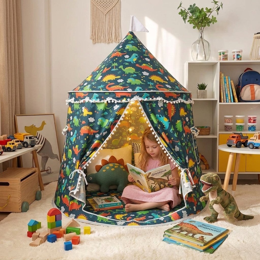 Kids Indoor Play Tent with Pom-Pom Trim — Dinosaur
