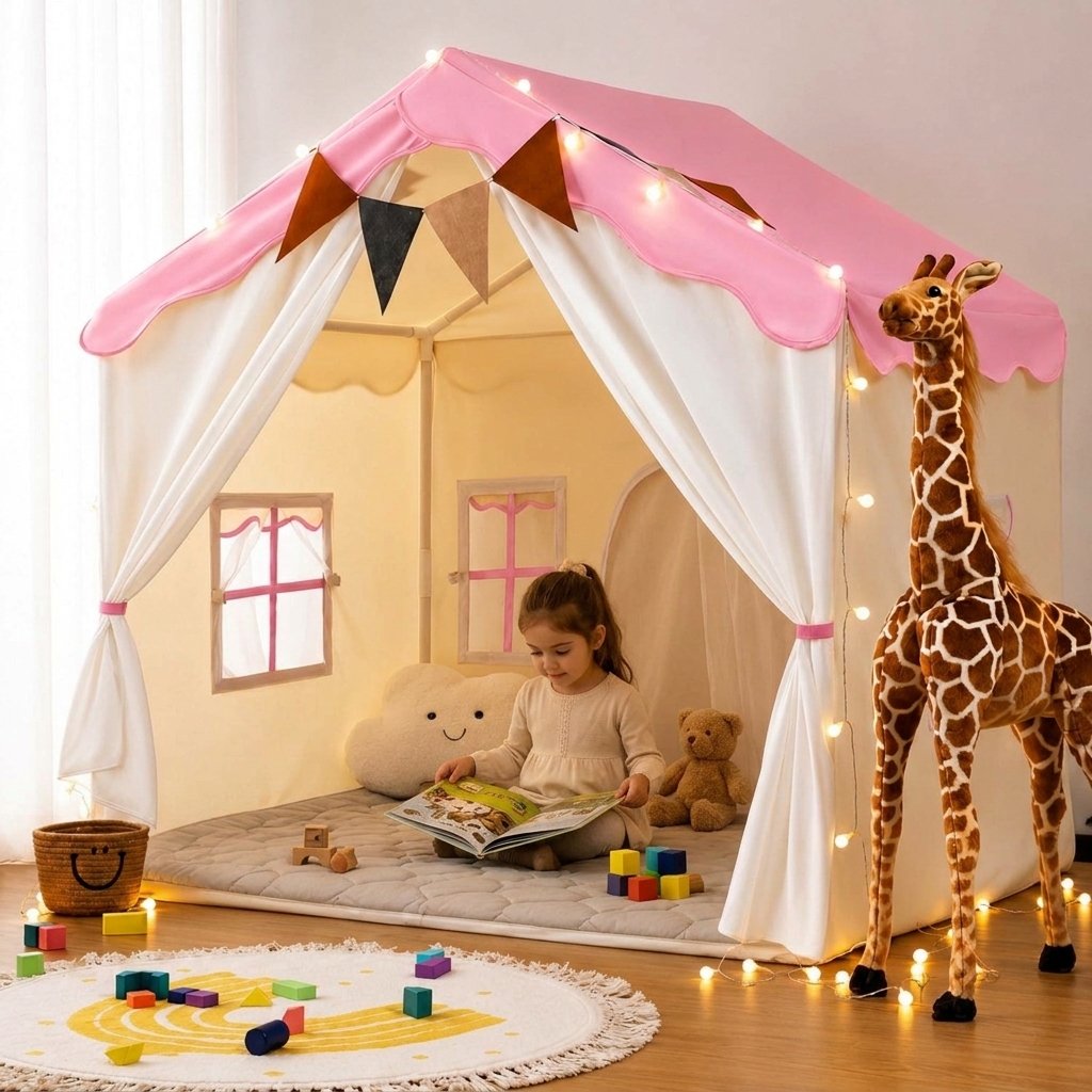 Kids Play Tent with Lights and Mat — Pink