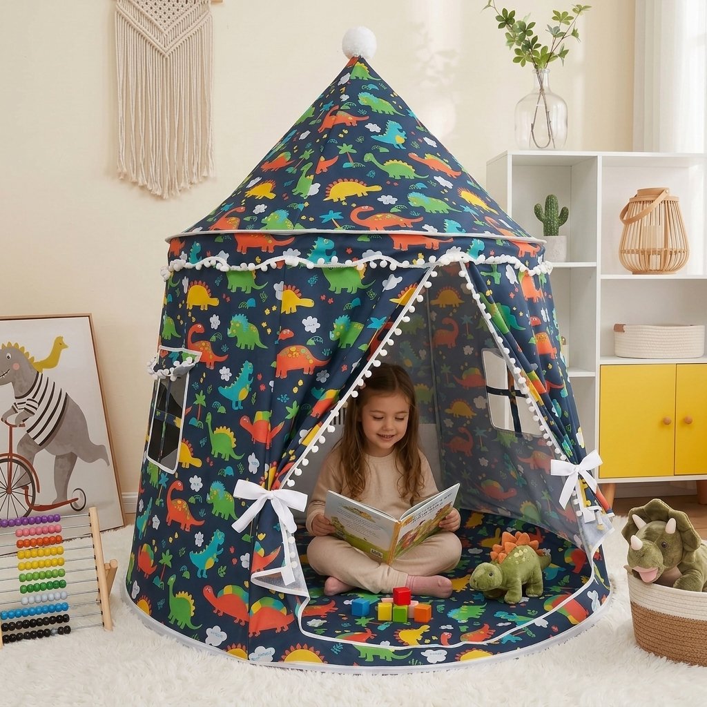 Kids Play Tent with Pom-Pom Trim — Dinosaur